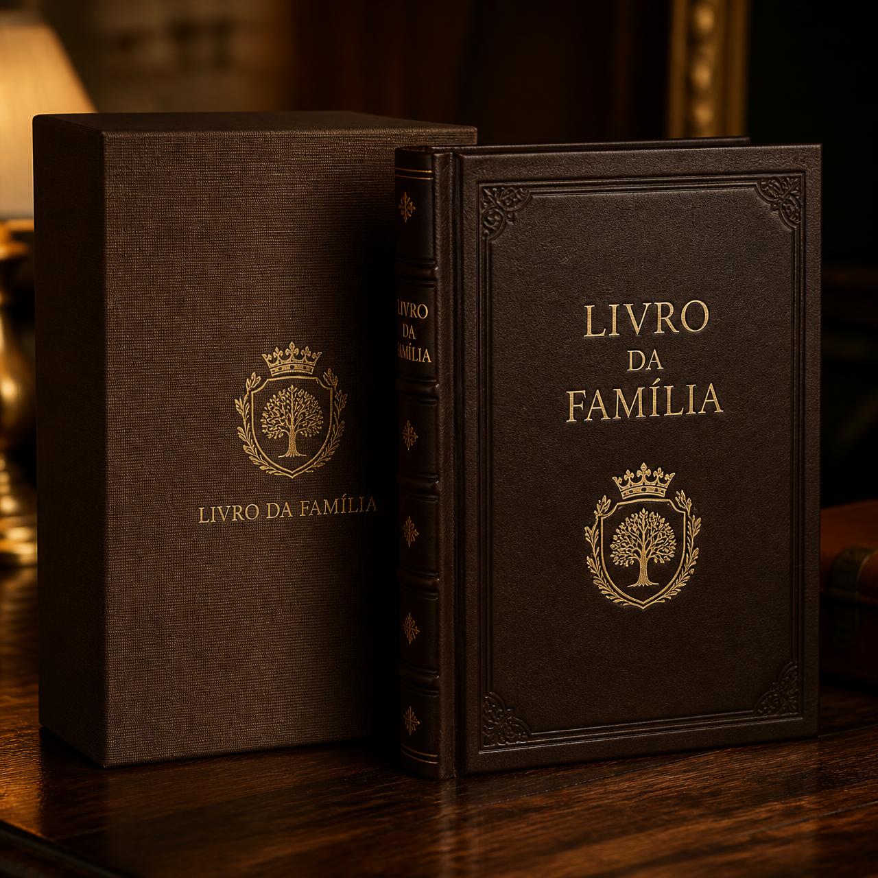 Livro da Família — livro premium com capa em couro e gravação em ouro