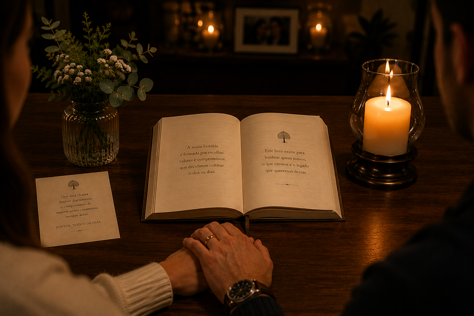 Casal à mesa, com o Livro da Família aberto e uma chama acesa